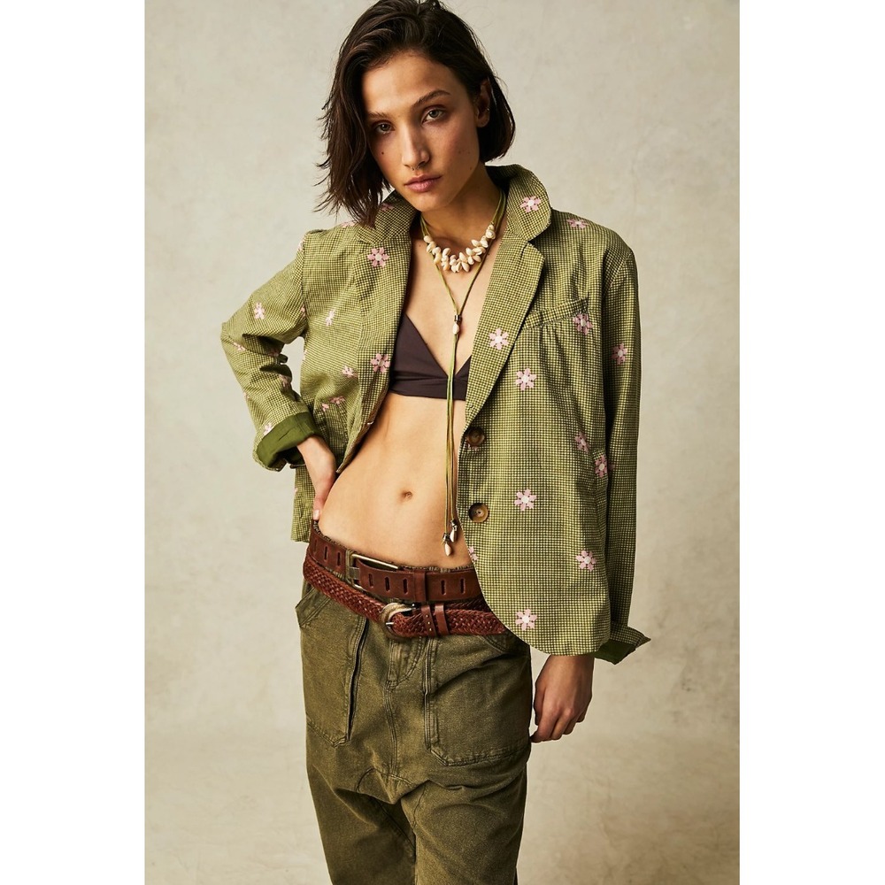 Free People We The Free Cali Printed Blazer Slouchy Gingham‎ Plaid Floral Small